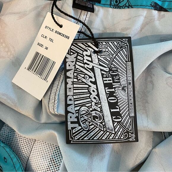 Brooklyn Cloth Sz 36” NWT Blue Black Fish Print Lace Up Surfing Board Shorts - Picture 6 of 9